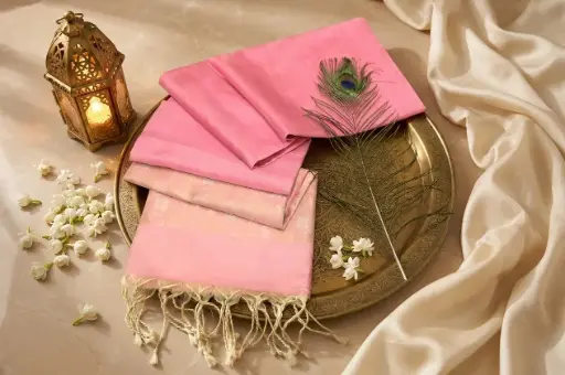 [84609001GG60C9] Pastel Pink Soft Silk Saree with Gold Zari Border
