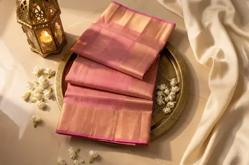 [84609001GG64C9] Rose Pink Handloom Silk Saree with Rich Gold Zari Border