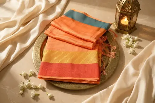 [05909001QY9950] Peach Raw Silk Saree with Gold Zari Border
