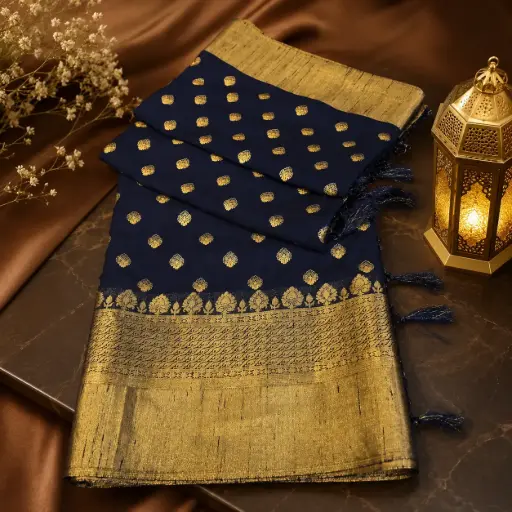 [05909001SA9869] Elegant Navy Blue Banarasi Silk Saree with Gold Butti & Heavy Zari Border