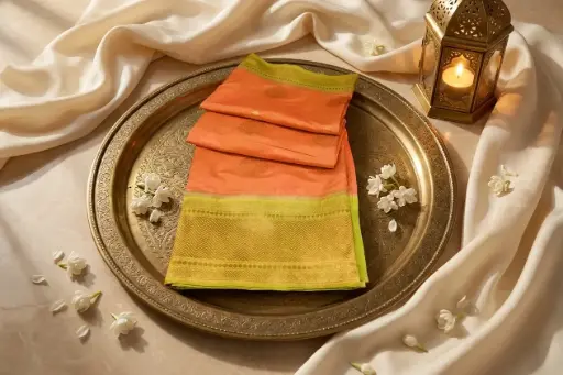 [05909001QZ0950] Peach and Lime Green Woven Silk Festive Saree