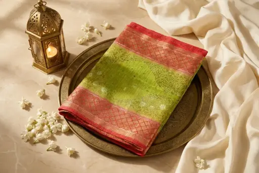 [05909001SD1838] Lime Green and Red Silk Saree with Zari Border