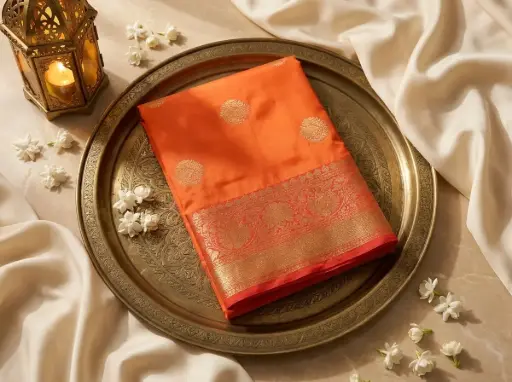 [05909001RW1946] Tangerine Orange Banarasi Silk Saree with Red Zari Border