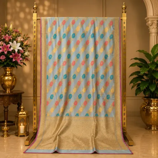 [05909001LI7875] Women's Sky Blue Saree with Multicolor Floral Stripes and Golden Woven Pallu