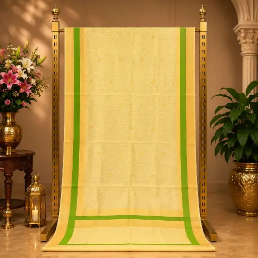 [05909001RJ5744] Women's Cream Saree with Golden Border, Green Stripe and Subtle Floral Motifs