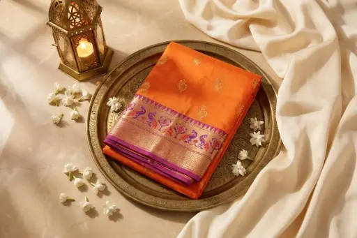 [05909001QT0249] Tangerine Orange Pure Silk Saree with Meenakari Pallu