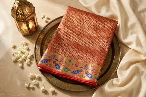 [05909.XLYY4322] Crimson Red Paithani Silk Saree with Zari Peacocks