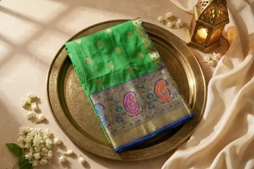 [05909001SO0739] Emerald Green Pure Silk Saree with Meenakari Zari Border