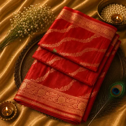 [06109001LD24E4] Coral Red Banarasi Silk Saree with Gold Floral Zari Weaving & Rich Border