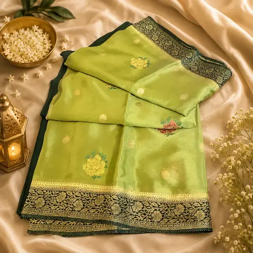 [06109001PD51E5] Elegant Lime Green Banarasi Silk Saree with Floral Buttis & Rich Black Zari Border