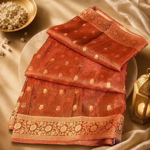 [06109001QG61E5] Elegant Copper Brown Banarasi Silk Saree with Floral Buttis & Rich Zari Border