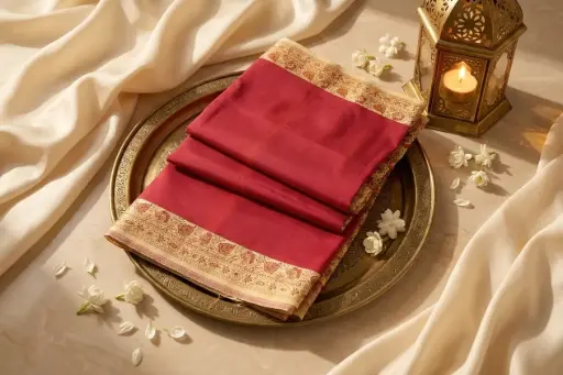 [06109001QI9148] Crimson Red Silk Saree with Woven Zari Border