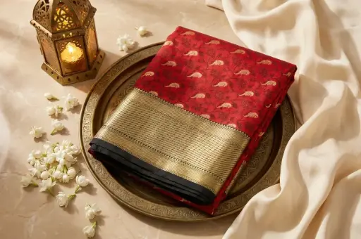 [06109001SY1240] Crimson Red Banarasi Silk Saree with Zari Bird Motifs