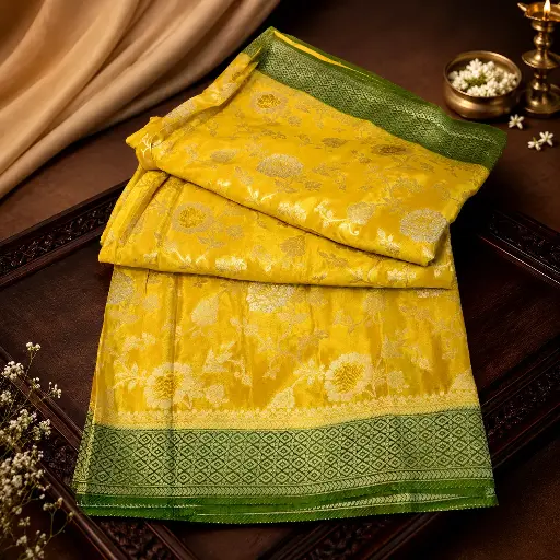 [06109001YW04E8] Premium Mustard Yellow Banarasi Silk Saree with Silver Floral Zari & Green Border