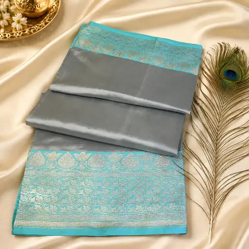 [09809001RO4556] Elegant Silver Grey Silk Saree with Aqua Blue Zari Border