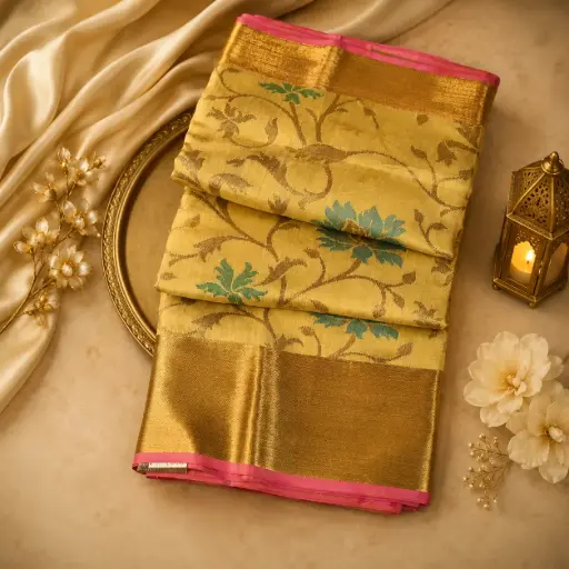 [09809001RO5756] Golden Tissue Silk Saree with Blue Floral Weaving, Rich Zari Border