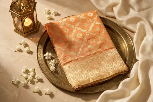 [09809001UG8033] Peach Banarasi Silk Saree with Gold Zari Weave