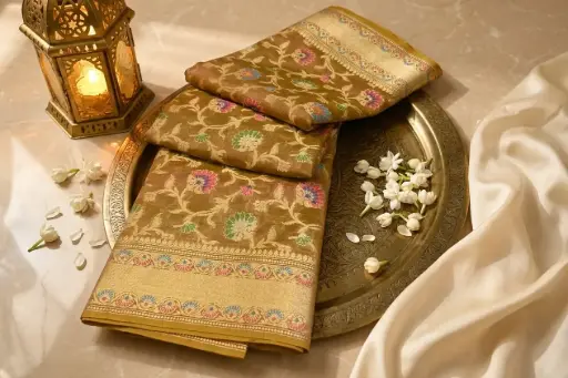[50709001MB9268] Golden Mustard Banarasi Silk Saree with Floral Meenakari Weave
