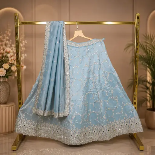 [93742001EL26E6] Women's Ice Blue Lehenga Choli with Silver Floral Embroidery & Matching Dupatta for Wedding Wear Set