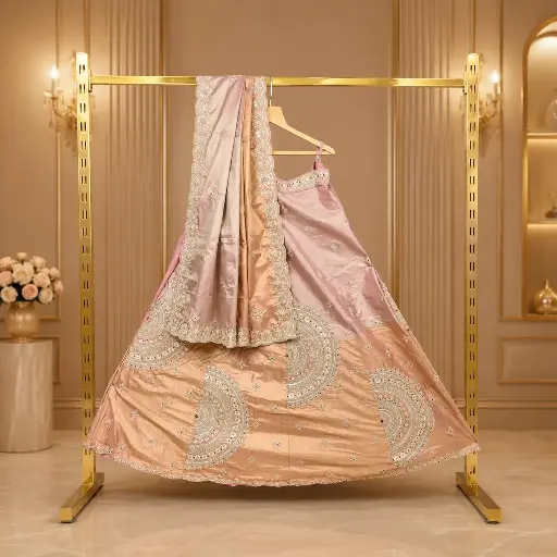 [93742001IZ32E6] Women's Champagne Pink Lehenga Choli with Circular Embroidery and Matching Dupatta