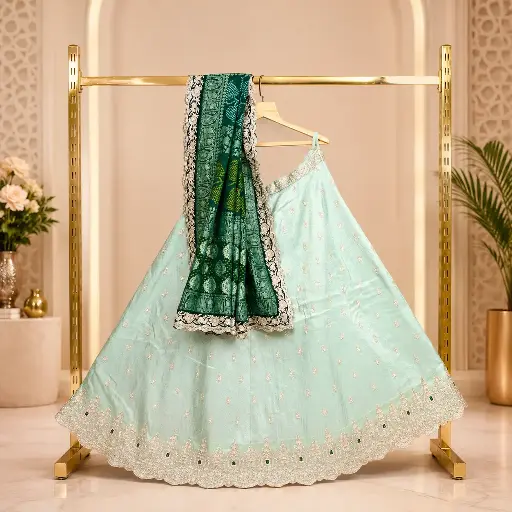 [93742001YA21E6] Women's Mint Green Lehenga Choli with Gold Embroidery and Dark Green Dupatta