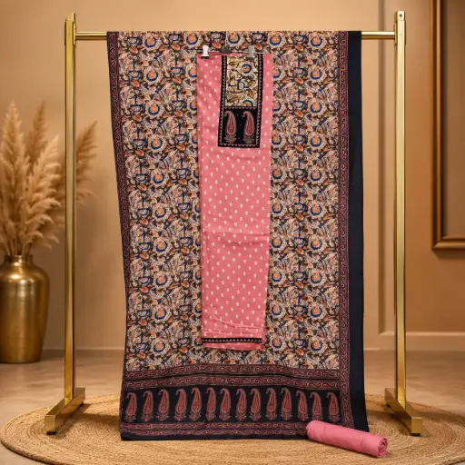 [69306001ES20F0] Women’s Pink & Black Floral Printed Unstitched Dress Material Set with Paisley Border and Dupatta 