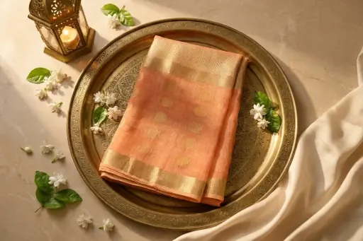 [64509001KX1097] Peach Tissue Silk Saree with Woven Zari Border