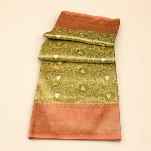 [64509001JH30A1] Olive Gold Banarasi Style Saree with Peach Zari Border Festive Wedding Party Wear Women Ethnic Looks 