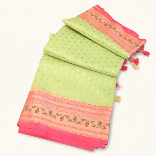 [64509001JH22A1] Pastel Green Banarasi Silk Saree with Pink Zari Border, Floral Pallu 