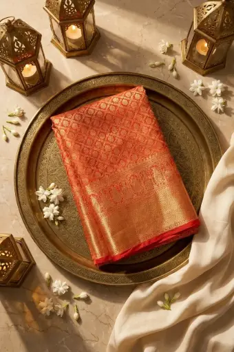 [64509001HE15B7] Crimson Red Banarasi Pure Silk Brocade Saree