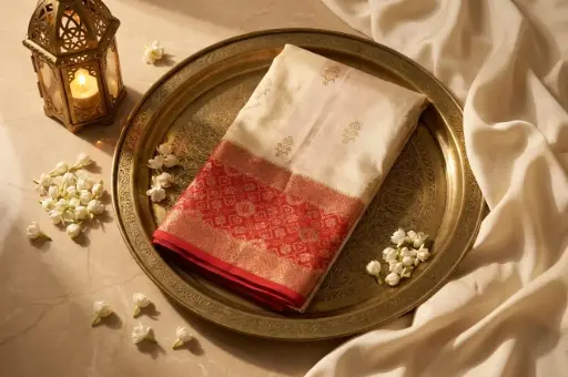 [64509001FC37D4] Cream and Red Pure Silk Banarasi Saree