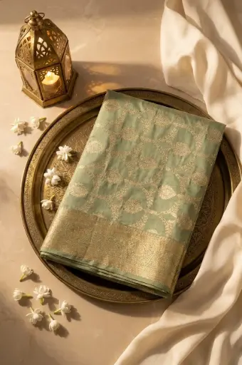 [64509001HT48C1] Sage Green Banarasi Silk Saree with Antique Gold Zari