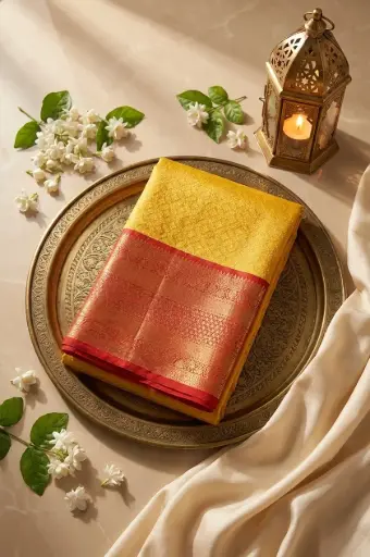 [64509037JO38A4] Mustard Yellow Pure Silk Kanjivaram Saree with Red Border