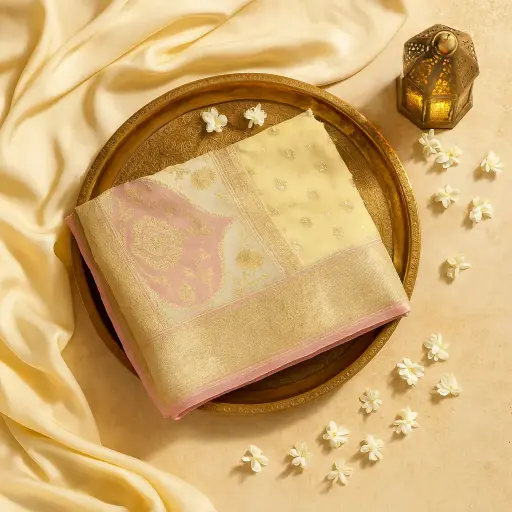 [09709001QK5056] Elegant Pastel Yellow Silk Saree with Traditional Zari Border