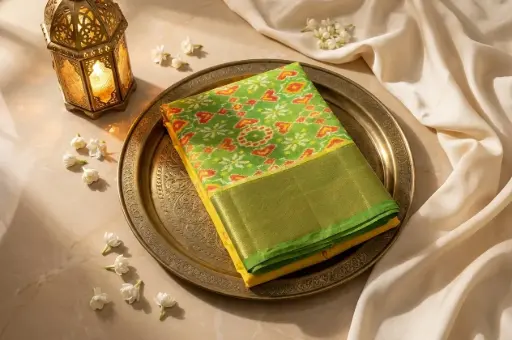 [69509037YT06A4] Yellow and Green Silk Patola Saree With Zari Border