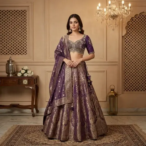 [12342001EH87E5] Royal Purple Banarasi Silk Embroidered Lehenga Choli Set