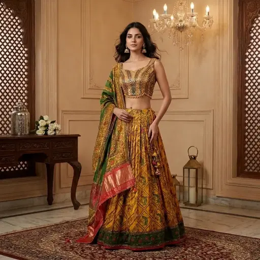 [12344037IL93A9] Mustard Yellow Silk Mirror Work Flared Lehenga Choli Set
