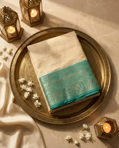 [85709001UK49C9] Cream and Sea Green Handloom Silk Saree with Zari Elephant Border