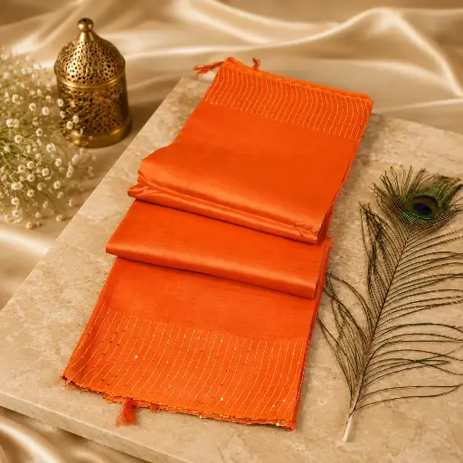 [63109001FI46D7] Elegant Coral Orange Linen Silk Saree with Sequin Stripes & Tassel Pallu