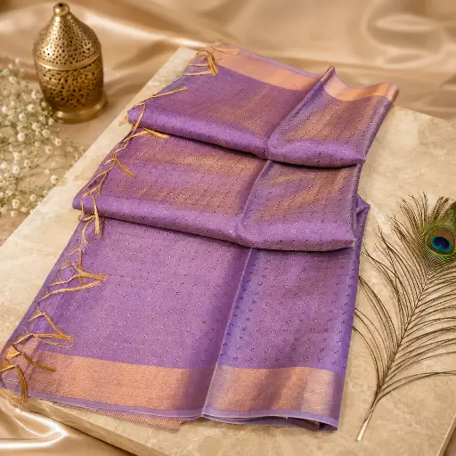 [63109001GI10C9] Elegant Lavender Linen Silk Saree with Gold Woven Dots, Zari Border & Tassel Pallu