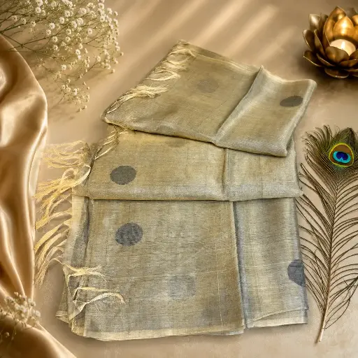 [63109001HL68B8] Elegant Grey Linen Cotton Saree with Woven Polka Dot Design & Tassel Pallu