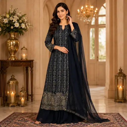 [78125002HJ56B7] Women's Navy Blue Embroidered Palazzo Set with Dupatta | Ethnic Party Wear Suit Set