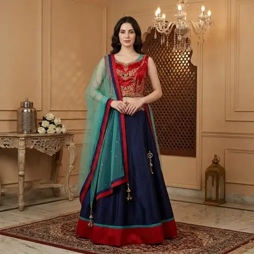 [08618001TM5136] Red and Navy Blue Silk Embroidered Bridal Lehenga Choli Set