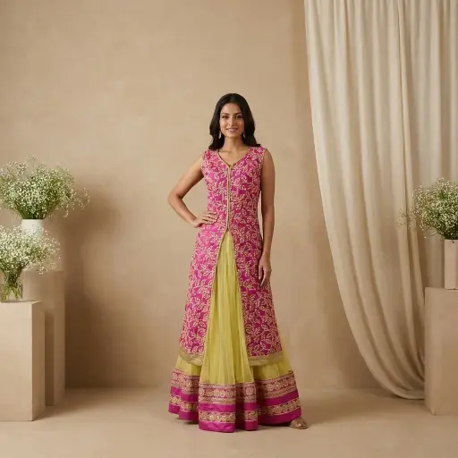 [08618001XA6622] Magenta Embroidered Long Jacket with Yellow Flared Net Skirt