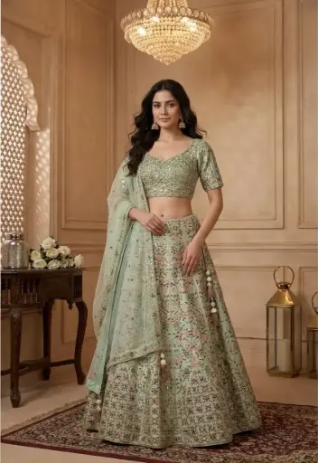 [08618032IC44A7] Pista Green Embroidered Silk Lehenga Choli Set