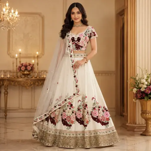 [08618044IC36A7] Women's Ivory Floral Lehenga Choli with Net Dupatta for Wedding Reception and Festive Party Wear Set