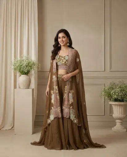 [75818025EP62E7] Olive Green Embroidered Crop Top Sharara Set with Cape