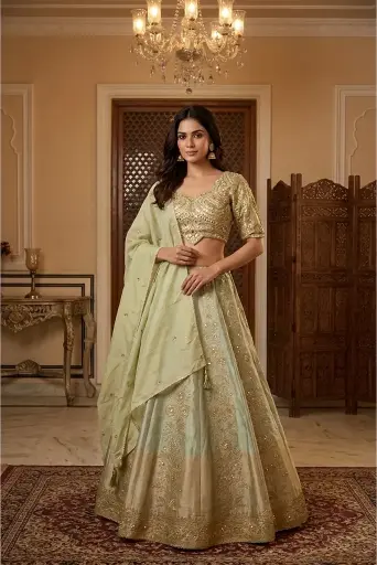 [75818032KP74E7] Pista Green Embroidered Silk Lehenga Choli Set