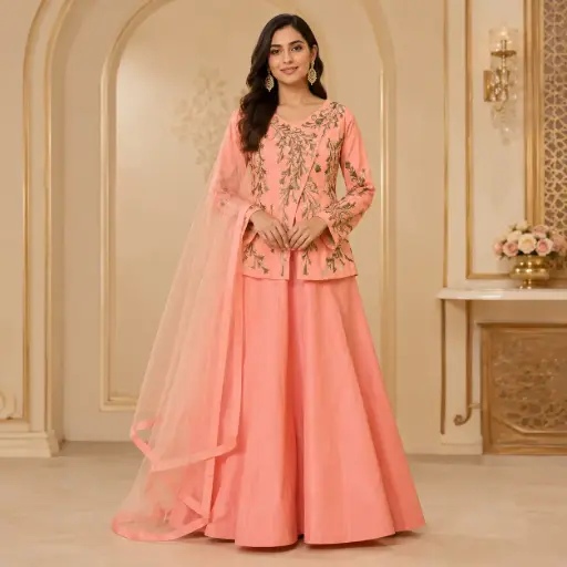 [33218001SE4740] Women's Peach Embroidered Jacket Lehenga Choli with Net Dupatta for Wedding & Festive Party Wear Set