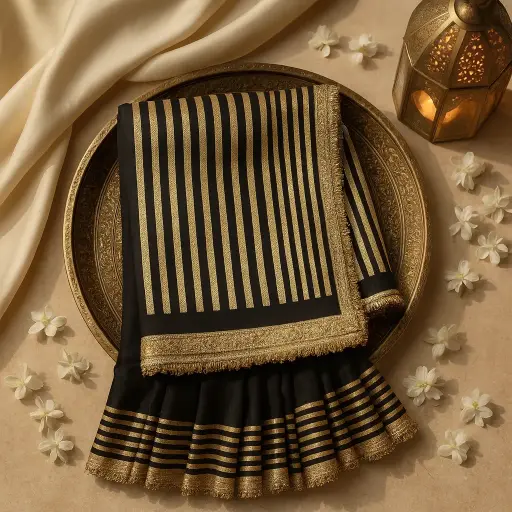 [94317001ED26E3] Elegant Black and Gold Striped Designer Silk Saree